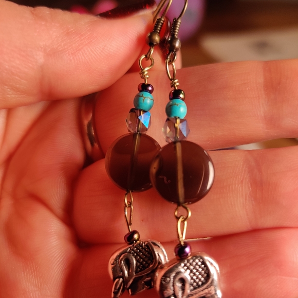 Smokey Quartz, Elephant Charm, Dyed Howlite Earrings - Picture 16 of 16